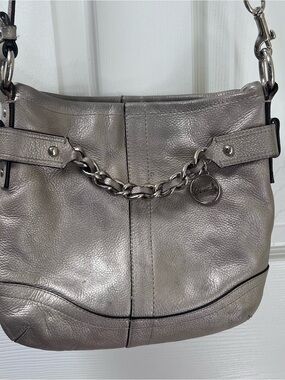 Coach Convertible Chain Duffle Crossbody Bag Silver Pebble Leather Y2K